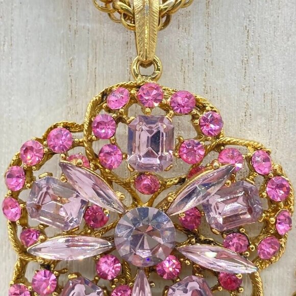 Vintage Pink Crystal Pendant Necklace With Gold Tone Double Rope Chain 30" - Picture 4 of 16